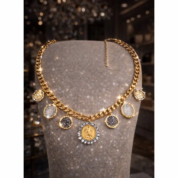 LARGE Mixed Metal Gold Chain with Adjuster Sparkly Statement Necklace - Picture 3 of 4